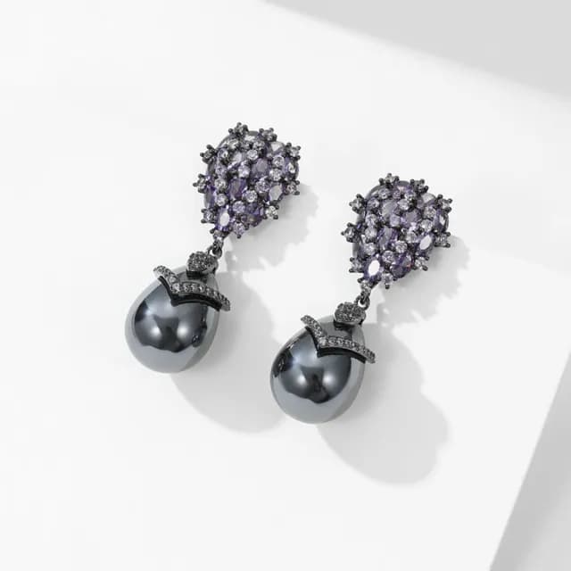 【VERDNIA】S925純銀針水滴鋯石耳環 仿真珍珠奢華優雅垂墜飾品 1.6 x 4 cm(金紫/香檳/銀白/黑紫/玫瑰金粉)