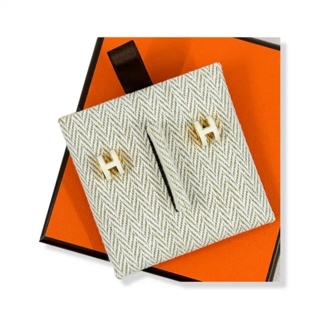【Hermes 愛馬仕】mini Pop H 針式耳環(白色 Blanc x 金色)