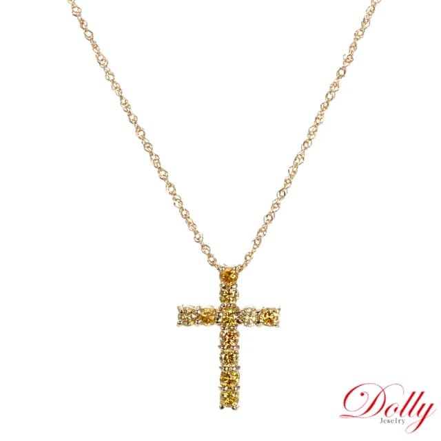 【DOLLY】0.50克拉 黃彩鑽18K金十字架鑽石項鍊-008(母親節 長輩送禮 交換禮物首選)