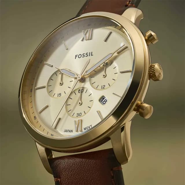 【FOSSIL】Neutra 復古紳士計時手錶-咖啡x金/44mm 禮物 送禮 推薦(FS6113)