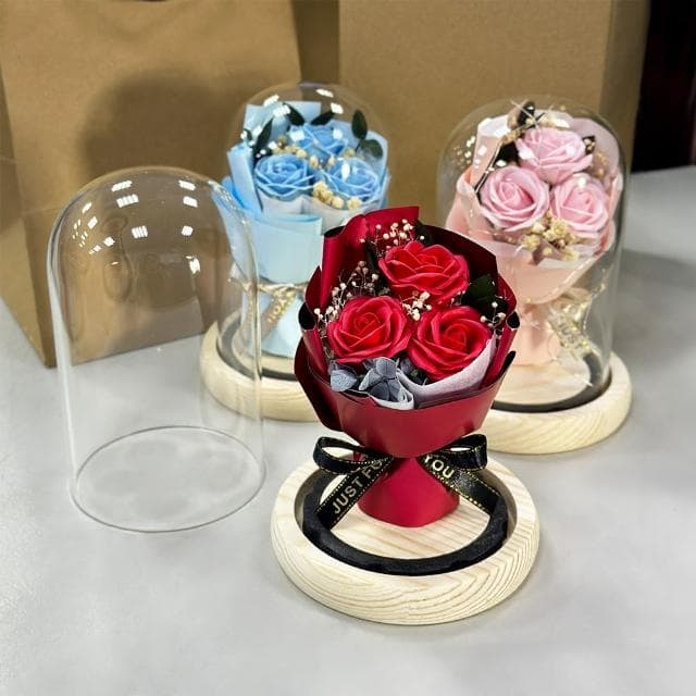 【VENCEDOR】3朵玫瑰 玻璃罩花束+帶 小燈飾(永生花 小夜燈 情人節 禮盒 送禮 生日禮物 畢業禮物)