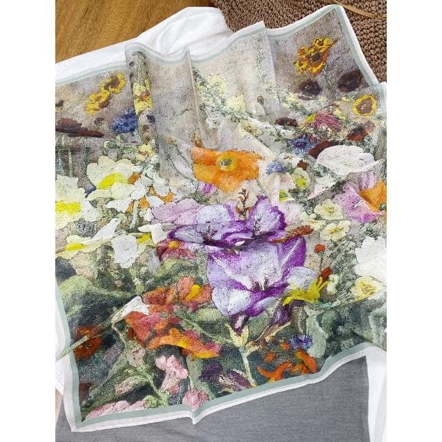 【Jun Jun】文藝系絲棉中方巾 絲巾 領巾 65*65cm(百花爭妍)