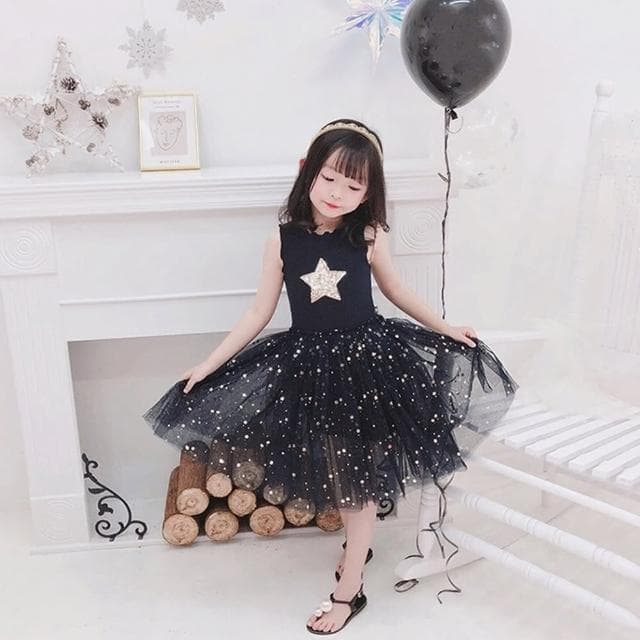 【橘魔法】無袖星星亮片小花蝴蝶挺紗裙洋裝(連身裙 澎澎裙 連身洋裝 連衣裙 紗裙 女童 兒童 童裝)