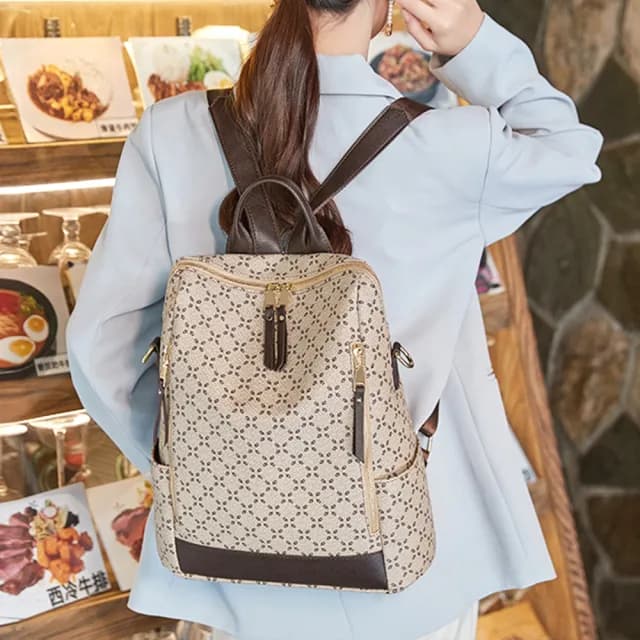 【MoonDy】情人節禮物 包包 老花包包 印花包包 女士雙肩包 休閒背包 棕色後背包 a4後背包 大容量後背包 防
