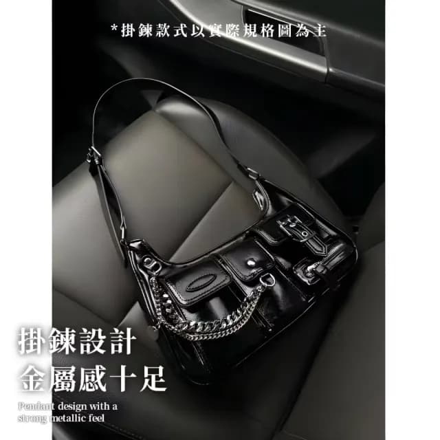 【穿搭單品】千禧年Y2K酷帥掛鍊機車包(硬挺 多口袋 單肩包 腋下包 純黑色 百搭通勤 女 生日禮物