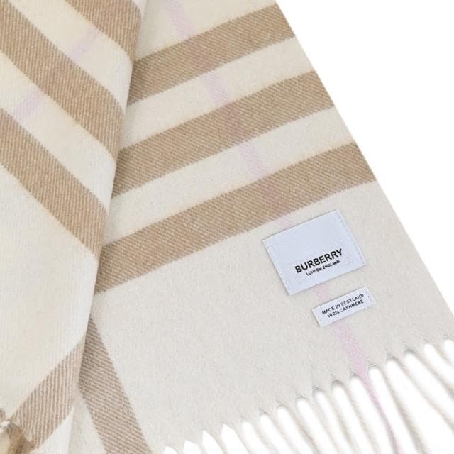 【BURBERRY 巴寶莉】英系經典格紋100%喀什米爾羊毛披肩長圍巾(米白棕)