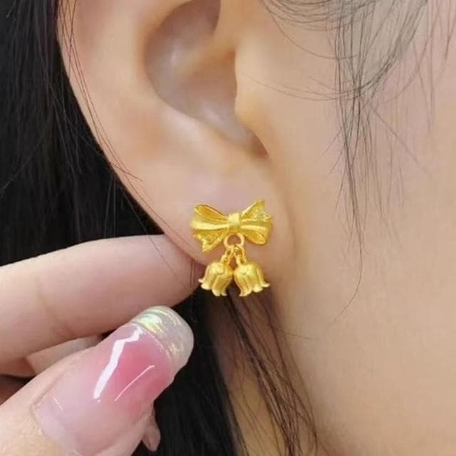 【Penny珮妮】越南沙金蝴蝶結鈴蘭花耳釘(母親節 送女友 交換禮物  生日禮 情人節 尾牙 新年 結婚)