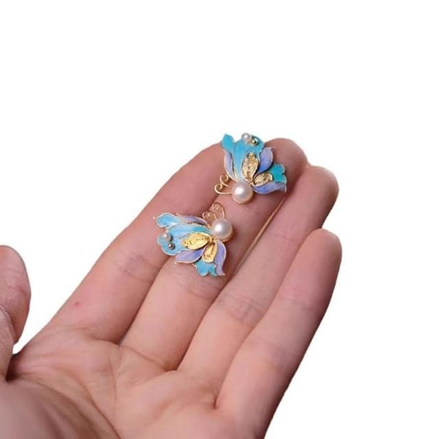 【Penny珮妮】手工越南沙金銀鎏金花絲琺瑯蝴蝶耳釘(母親節 送女友 交換禮物 生日禮 情人節 尾牙 新年 結婚)