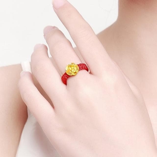 【Penny珮妮】黃金999玫瑰花編繩可調節指環戒指2色可選(母親節 送女友 交換禮物 生日 情人節 尾牙 新年)