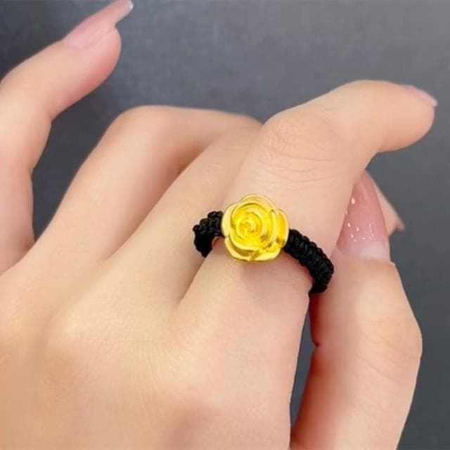 【Penny珮妮】黃金999玫瑰花編繩可調節指環戒指2色可選(母親節 送女友 交換禮物 生日 情人節 尾牙 新年)