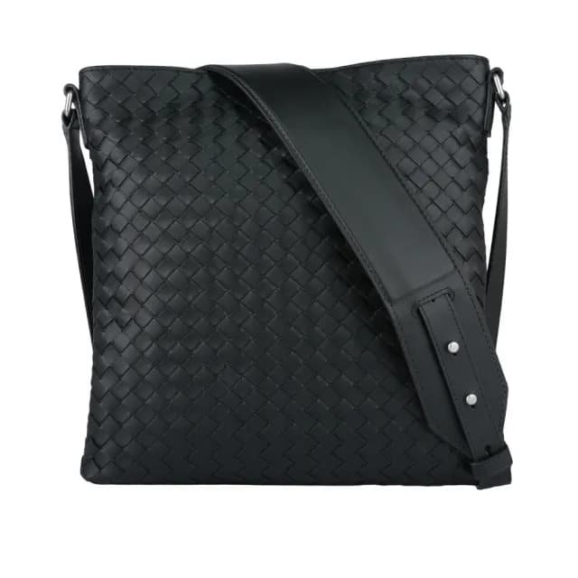 【BOTTEGA VENETA 寶緹嘉】小牛皮編織寬背帶斜背包(黑色)