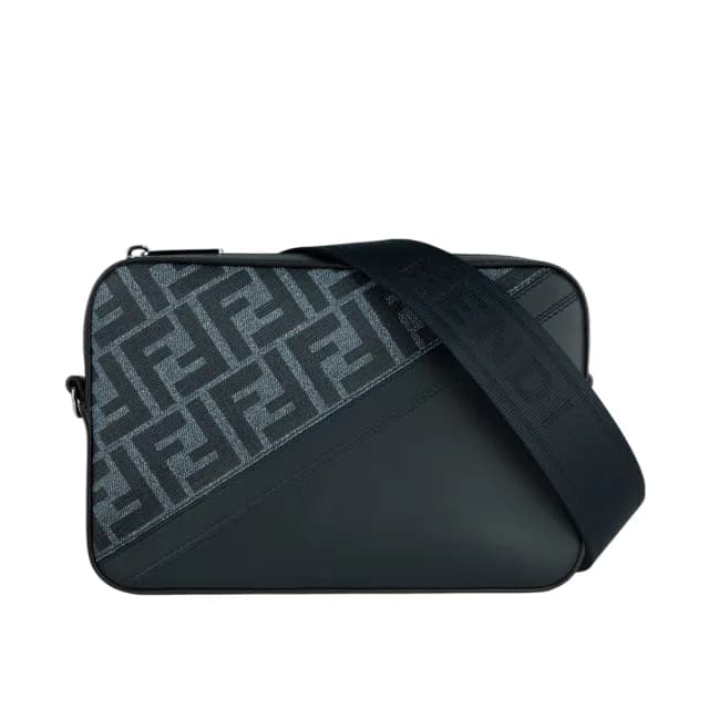 【FENDI 芬迪】FF Logo 帆布拼牛皮相機斜背包(牛仔藍)