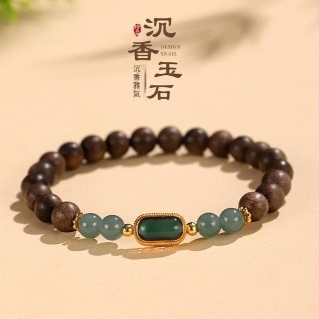 【Paiya 派亞】7mm沈香木串珠手鏈女中國風文藝複古925銀鍍金藍水翡翠手串首飾(送禮好物/交換禮物)