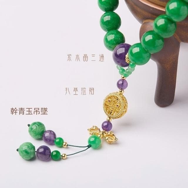 【Paiya 派亞】清宮乾青玉十八子旗袍壓襟女飾手撚綠意盎然紫水晶手持十八子手串(送禮好物/交換禮物)