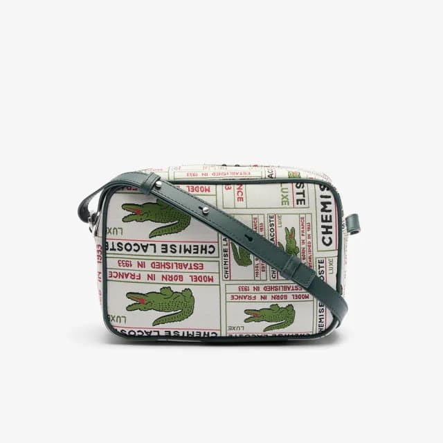 【LACOSTE】母親節禮物 包款-Heritage復古提花斜背包(米色/鱷魚印花)