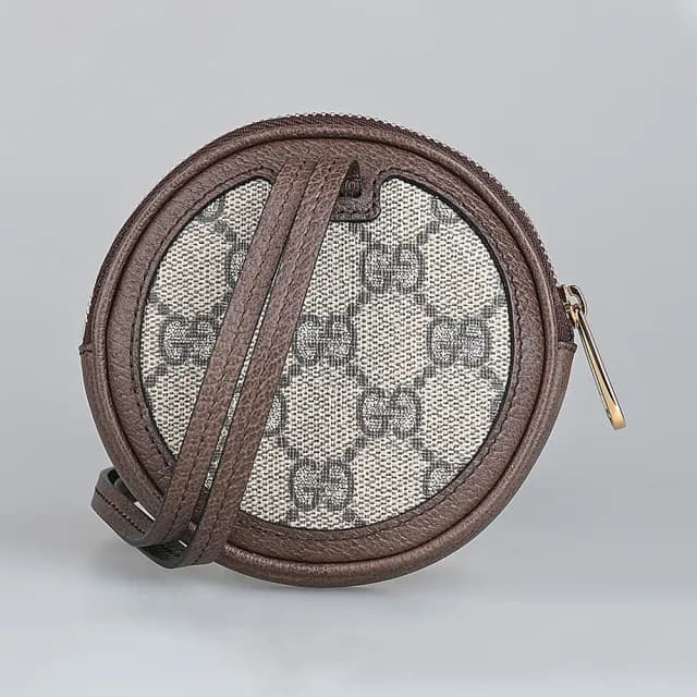 【GUCCI 古馳】GUCCI OPHIDIA經典金字LOGO綠紅線條設計Supreme帆布邊飾皮革拉鍊頸掛零錢包(迷你/米x深棕)