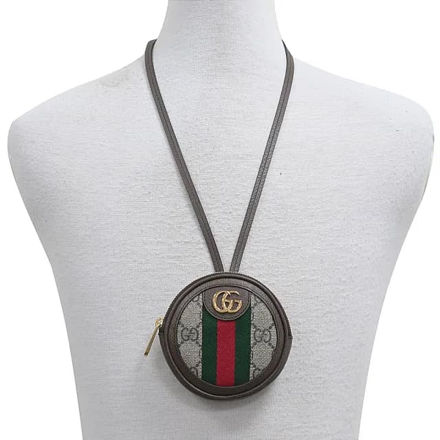【GUCCI 古馳】GUCCI OPHIDIA經典金字LOGO綠紅線條設計Supreme帆布邊飾皮革拉鍊頸掛零錢包(迷你/米x深棕)