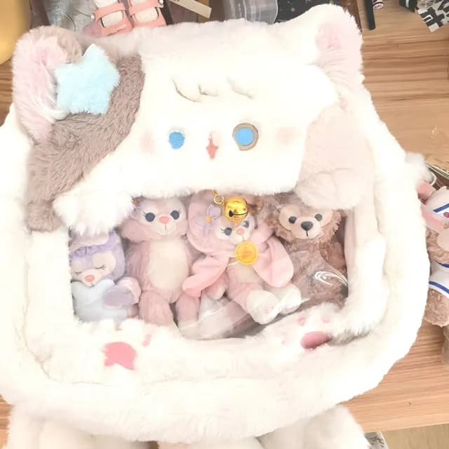 【喵喵妹】父親節禮物 毛絨可愛貓咪二次元透明痛包(後背包 穿搭配件 娃包 書包 肩背包 雙肩包 兒童 生日 交