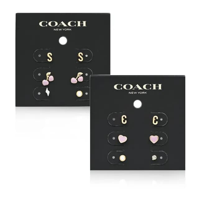 【COACH】迷你字母LOGO/愛心/櫻桃造型耳針式耳環 三對入組(兩款可選)