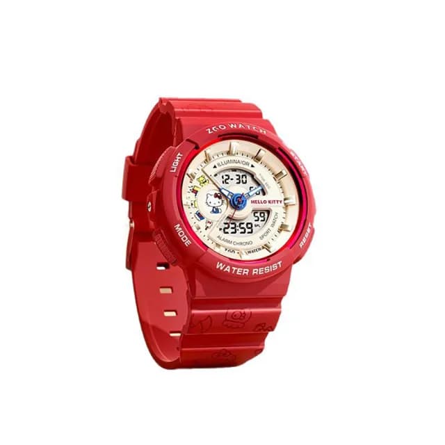 【HELLO KITTY】凱蒂貓紅色雙顯視窗運動防水電子錶(多功能手錶 兒童 學生 手錶 平輸品)