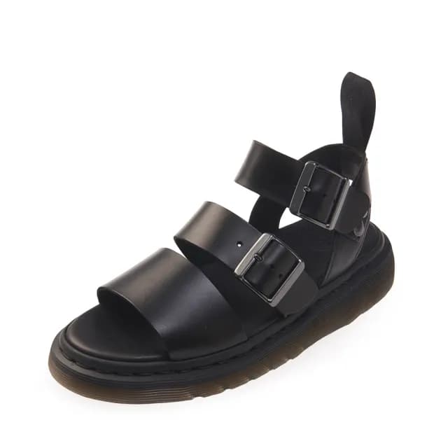 【Dr.Martens】馬汀 GRYPHON 平底三條寬帶羅馬涼鞋 雙扣環露趾魚口涼鞋 夏季皮革馬丁 黑 女15695001