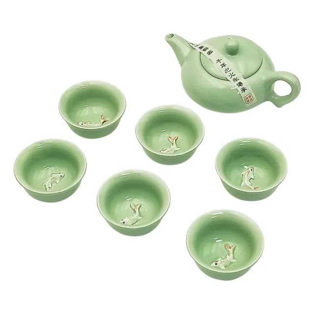 【綠洲香境】錦鯉青瓷茶具禮盒(1壺6杯)