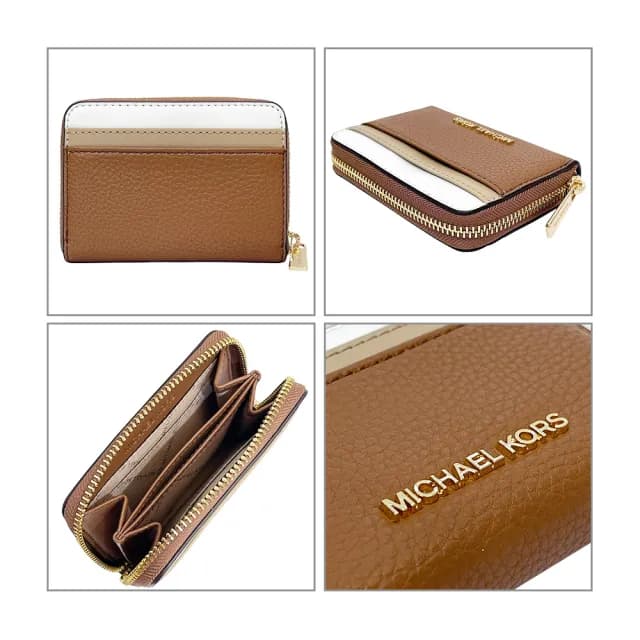 【Michael Kors】焦糖拿鐵拚色MK LOGO拉鍊零錢包短夾(35S4GTVD8L-LUGGAGE MULTI)