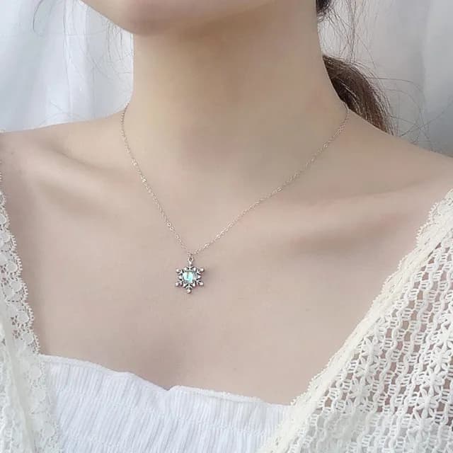 【LEEHER】925純銀/月光石/項鍊/女生項鍊/雪花項鍊/吊墜/韓版/小清新/頸鏈/鎖骨鏈/高級感/毛衣