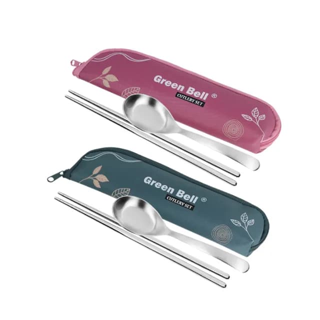 【GREEN BELL 綠貝】304不鏽鋼春氛餐具組-2色任選(含筷子+湯匙+收納袋 耐用 環保 外食 上學 露營)