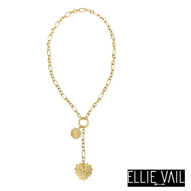 【ELLIE VAIL】邁阿密防水珠寶 鑲鑽愛心X光芒太陽雙墜項鍊 金色Y字鍊 Nikita Toggle(防水珠寶)