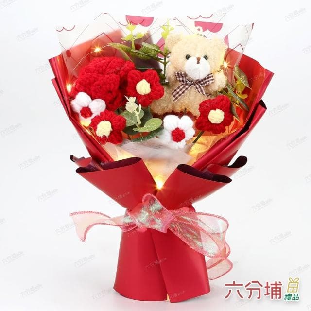 【六分埔禮品】LED小熊織花語玫瑰花束-多色任選(擺飾母親節情人節約會畢業禮物編織玫瑰針織盒裝)