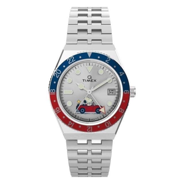 【TIMEX】天美時 x Peanuts 38毫米 史努比 GMT 兩地時區 不鏽鋼錶鍊腕錶 銀 TXTW2W83300