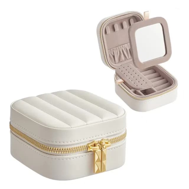 【旅遊必備】分格首飾拉鍊帶鏡收納盒(戒指 耳環 項鍊 飾品盒 首飾盒 珠寶盒 小物 飾品收納 交換禮物)