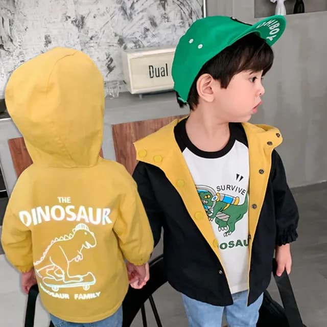 【橘魔法】雙11 背後反光恐龍雙面穿連帽外套(長袖外套 連帽外套 薄外套 男童 兒童 童裝 風衣 夾克)