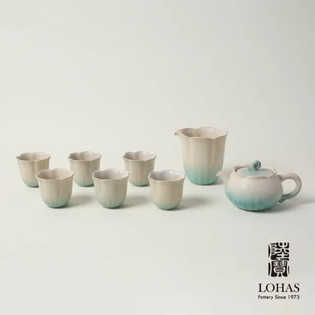 【LohasPottery 陸寶】清荷雅境茶組-碧荷白(窯變釉 一壺一海六杯 茶具組 陶瓷茶器)