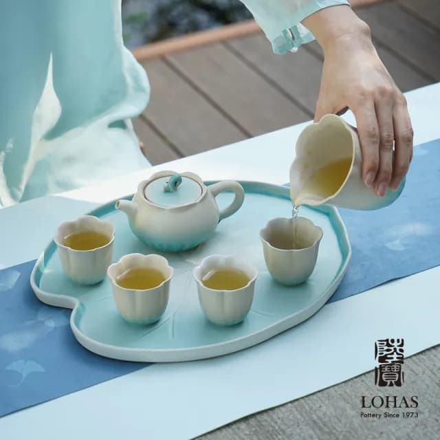 【LohasPottery 陸寶】清荷雅境茶禮-碧荷白(窯變釉 茶具套組 兩件式茶濾 蓮葉茶盤)