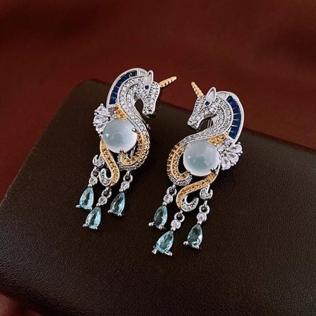 【LEESA】獨角獸\防過敏耳環\純銀耳環\925銀針\垂墜耳環\飾品\女生耳環\耳飾\水滴耳環\鋯石\鋯石耳環\銀針