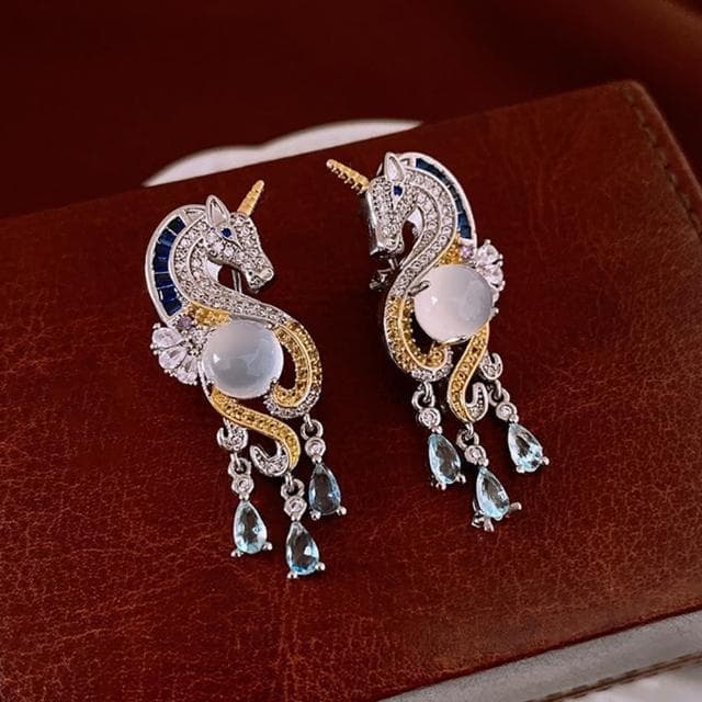 【LEESA】獨角獸\防過敏耳環\純銀耳環\925銀針\垂墜耳環\飾品\女生耳環\耳飾\水滴耳環\鋯石\鋯石耳環\銀針