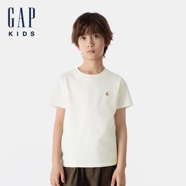 【GAP】兒童裝 純棉小熊刺繡圓領短袖T恤-奶白色(756113)