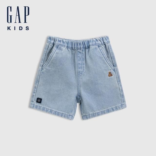 【GAP】男幼童裝 純棉小熊刺繡鬆緊牛仔短褲 布萊納系列-淺色水洗(761437)