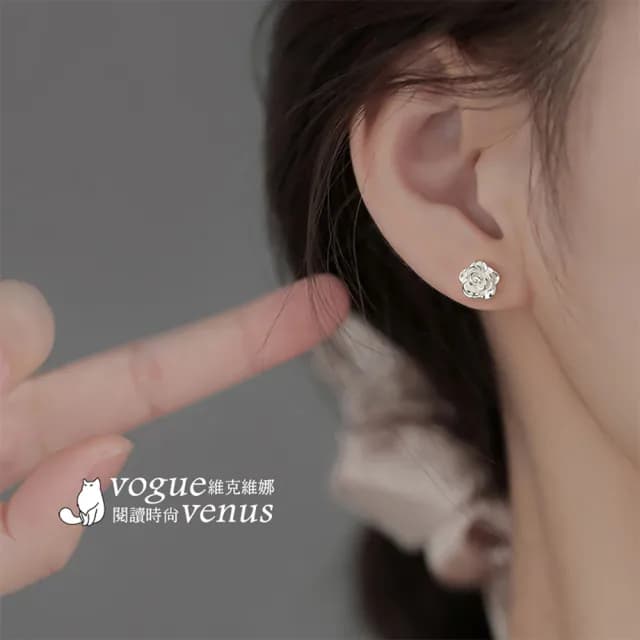 【維克維娜】玫瑰花圓珠鎖扣925純銀耳環