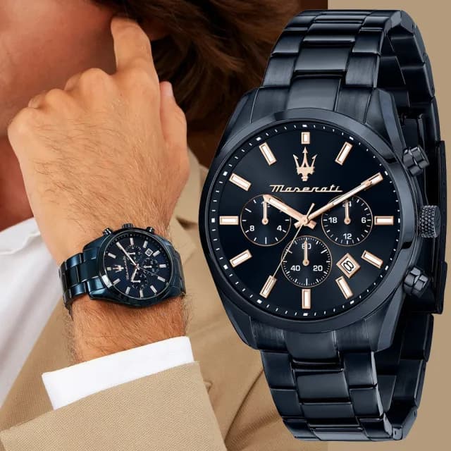 【MASERATI 瑪莎拉蒂】Attrazione 綻藍三眼雙時區手錶-40mm 禮物 送禮 推薦(R8873626003)