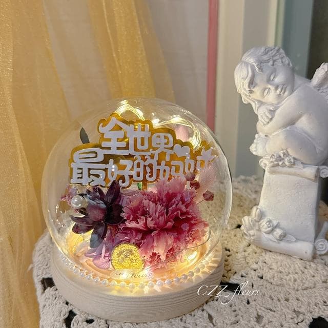 【喜滋滋】《藏在光裡的愛》香頌玻璃罩花禮-夜燈(情人節/生日禮物/告白/週年紀念/畢業/520/母親節)
