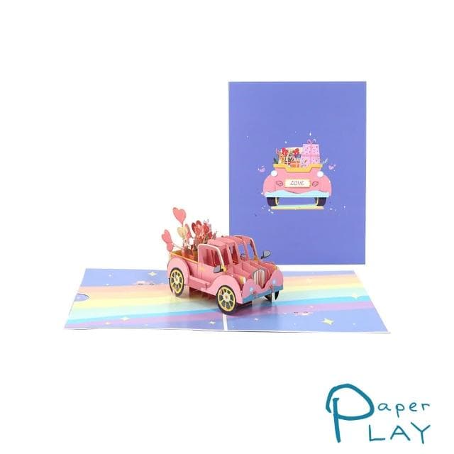 【Paper Play】萬用卡片-3D立體鮮花禮物粉色老爺車造型卡片 感恩卡 情人節卡片 告白卡(萬用卡片)