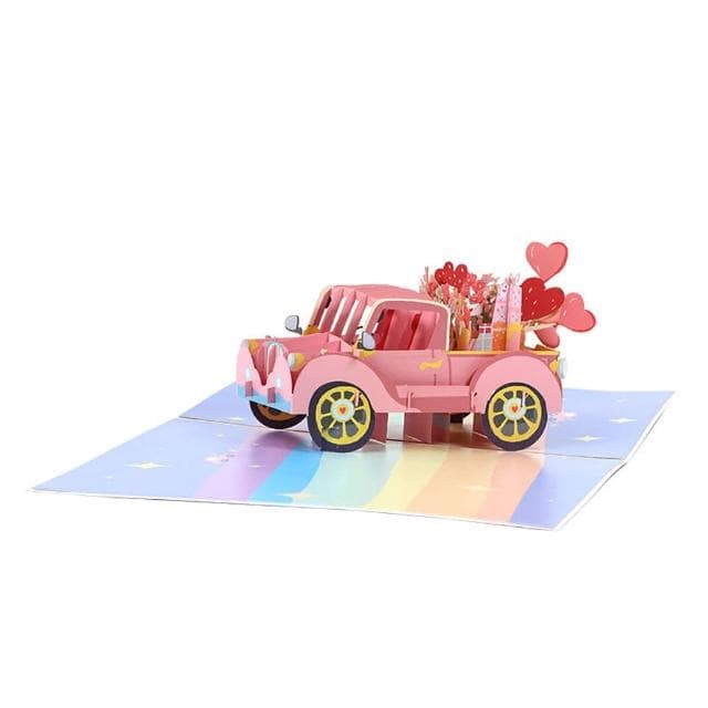 【Paper Play】萬用卡片-3D立體鮮花禮物粉色老爺車造型卡片 感恩卡 情人節卡片 告白卡(萬用卡片)