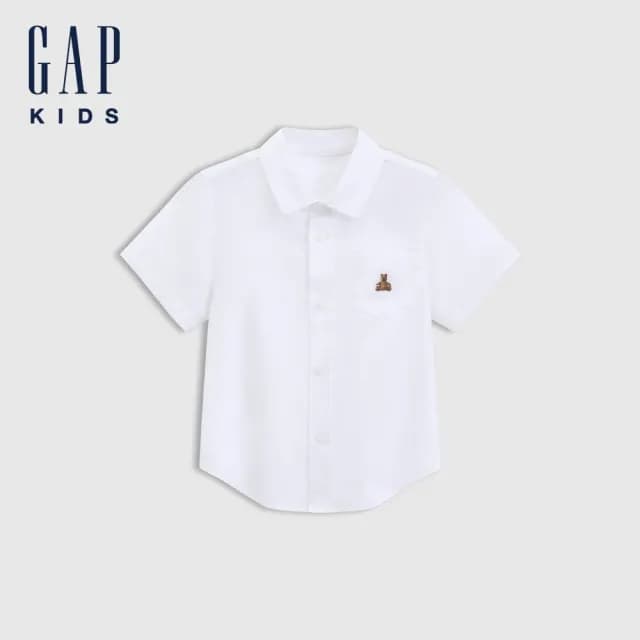 【GAP】男幼童裝 純棉小熊刺繡翻領短袖襯衫 布萊納系列-白色(767321)