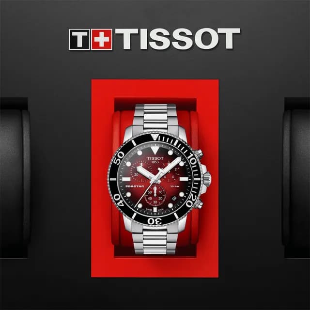 【TISSOT 天梭 官方授權】Seastar 1000 海洋之星300米潛水三眼計時錶-紅/45mm 送禮 推薦(T1204171142100)