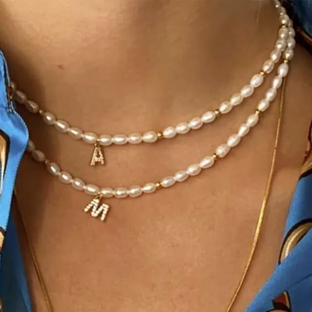 【CReAM】Diana 天然珍珠相間金色小圓珠 亮鑽英文字母項鍊鍍18K金色女項鍊(生日 禮物 送禮 禮盒