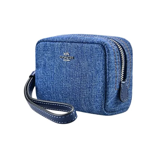 【COACH】立體銀字金屬馬車LOGO手掛零錢包(丹寧布)