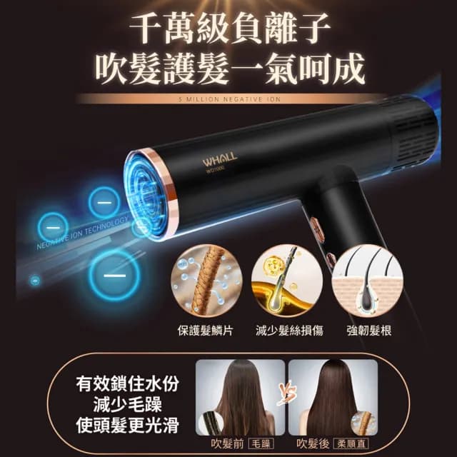 【WHALL】專業負離子吹風機(WD-1000K)